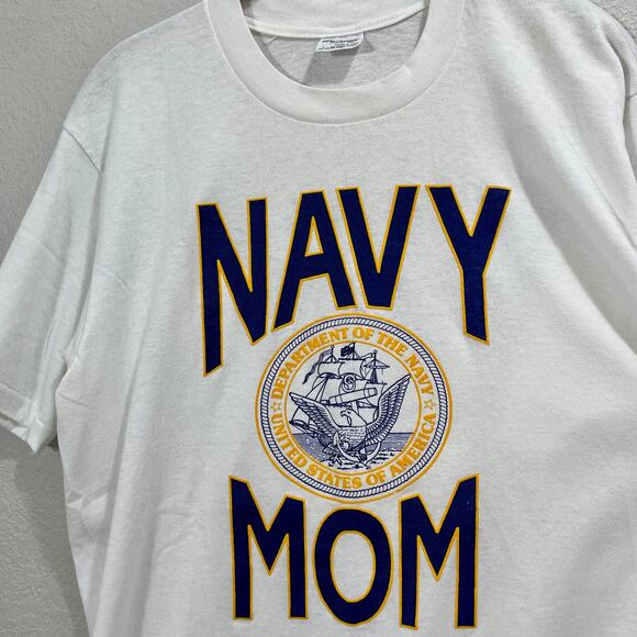 Vintage 90s Stedman White Crewneck T-Shirt Navy Mom Graphic Single Stitch - Picture 9 of 9